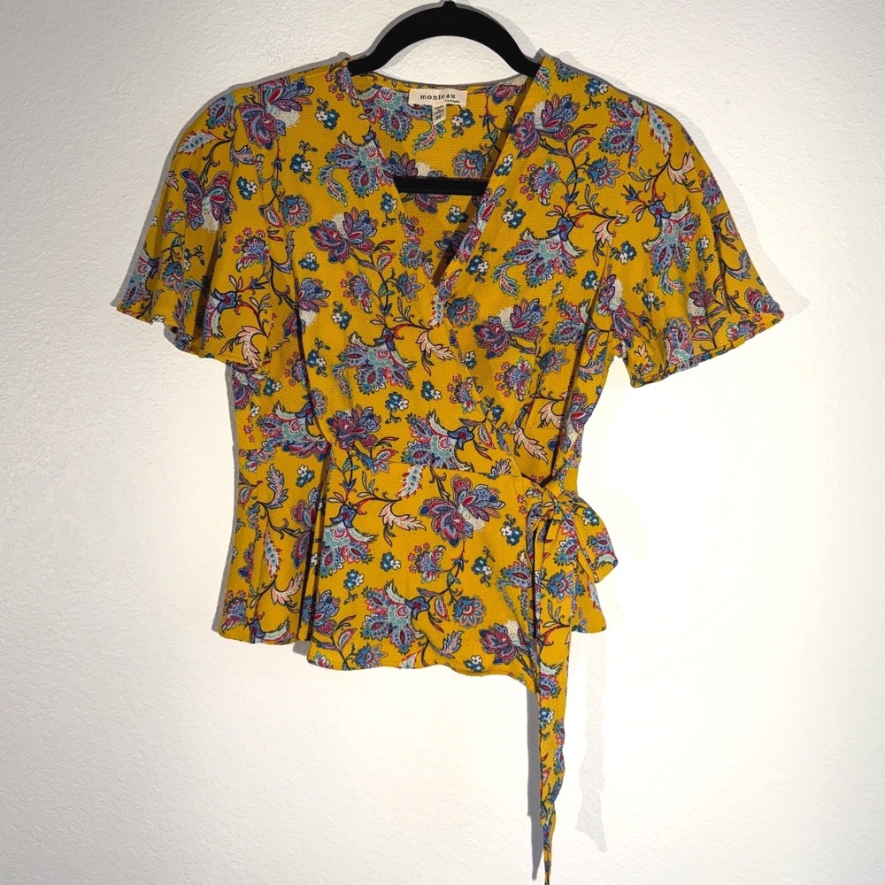 Monteau Mustard Yellow Floral Paisley Wrap Top Short Sleeve Size M